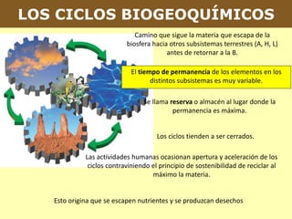 LOS CICLOS BIOGEOQUÍMICOS
Camino que sigue la materia que escapa de la
biosfera hacia otros subsistemas terrestres (A, H, L)
antes de retornar a la B.
El tiempo de permanencia de los elementos en los
distintos subsistemas es muy variable.
Se llama reserva o almacén al lugar donde la
permanencia es máxima.
Los ciclos tienden a ser cerrados.
Las actividades humanas ocasionan apertura y aceleración de los
ciclos contraviniendo el principio de sostenibilidad de reciclar al
máximo la materia.
Esto origina que se escapen nutrientes y se produzcan desechos
 