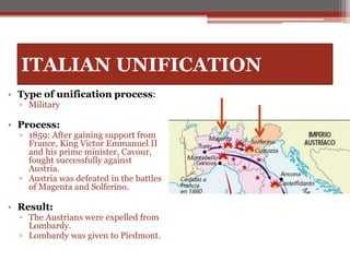 ITALIAN UNIFICATION
• Type of unification process:
▫ Military
• Process:
▫ 1859: After gaining support from
France, King Victor Emmanuel II
and his prime minister, Cavour,
fought successfully against
Austria.
▫ Austria was defeated in the battles
of Magenta and Solferino.
• Result:
▫ The Austrians were expelled from
Lombardy.
▫ Lombardy was given to Piedmont.
 