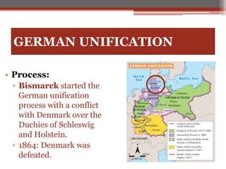 GERMAN UNIFICATION
• Process:
▫ Bismarck started the
German unification
process with a conflict
with Denmark over the
Duchies of Schleswig
and Holstein.
▫ 1864: Denmark was
defeated.
 