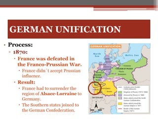 GERMAN UNIFICATION
• Process:
▫ 1870:
 France was defeated in
the Franco-Prussian War.
 France didn´t accept Prussian
influence.
 Result:
 France had to surrender the
region of Alsace-Lorraine to
Germany.
 The Southern states joined to
the German Confederation.
 