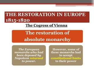 THE RESTORATION IN EUROPE
1815-1820
The Cogress of Vienna
The restoration of
absolute monarchy
The European
monarchs who had
been deposed by
Napoleon returned
to power.
However, some of
these monarchs had
to accept
constitutional limits
to their power
 