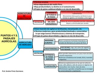 LA
ULTURA.
AGRICULTURA
DE
SUBSISTENCIA
→Técnicas arcaicas.
→Gran dependencia del medio físico.
→Baja productividad y su destino es el autoconsumo.
→Propia de países subdesarrollados o en vías de desarrollo.
DESTACAN
ITINERANTE
DE FUEGO O
DE ROZAS
Sistema extensivo con técnicas y un utillaje muy
rudimentarios.
Roturaciones (tala-quema-siembra) en poco
tiempo se agotan y se trasladan a otro lugar.
INTENSIVA
DEL ASIA
MONZÓNICA
Cultivo de arroz en pequeñas parcelas rodeadas de
diques y comunicadas por canales
AGRICULTURA
DE MERCADO
→Gran inversión de capital en fertilizantes, mecanización, etc.
→Técnicas modernas y gran productividad destinada a comercializar
lo que exige buenas infraestructuras y sistemas de transportes.
→Propia de países desarrollados y algunos en vías de desarrollo.
DESTACAN
MODERNA
EUROPEA
Flores y productos hortícolas holandeses y
cereales de Alemania y la cuenca de París.
MEDITERRÁNEA
→DE SECANO: trigo, vid y olivo (tb regadío).
→DE REGADÍO: productos hortofrutícolas.
EXTENSIVA
DE PAÍSES
NUEVOS
→Son grandes extensiones con poca mano de obra
y mucha maquinaria.
→Llanuras cerealísticas de Canadá, EEUU, Australia
y Argentina.
PLANTACIÓN
→Extensas explotaciones en las que se cultiva te,
cacao, café, plátano, caña de azúcar en régimen de
monocultivo. Con mucha mano de obra.
→Pertenecen a grandes compañías que se encargan
de comercialización y explotación.
PUNTOS 4 Y 5.
PAISAJES
AGRÍCOLAS.
Prof. Andrés Pintor Quintanar.
 