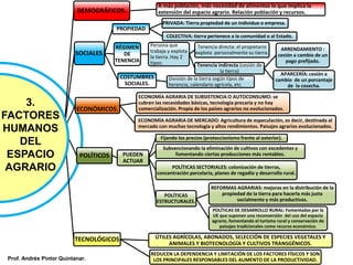 FACTORES
FÍSICOS.
DEMOGRÁFICOS.
A más población, más necesidad de alimentos lo que implica la
extensión del espacio agrario. Relación población y recursos.
SOCIALES.
PROPIEDAD
PRIVADA: Tierra propiedad de un individuo o empresa.
COLECTIVA: tierra pertenece a la comunidad o al Estado.
RÉGIMEN
DE
TENENCIA
Persona que
trabaja y explota
la tierra. Hay 2
tipos:
Tenencia directa: el propietario
explota personalmente su tierra.
Tenencia indirecta (cesión de
la tierra)
ARRENDAMIENTO :
cesión a cambio de un
pago prefijado.
APARCERÍA: cesión a
cambio de un porcentaje
de la cosecha.
COSTUMBRES
SOCIALES.
División de la tierra según tipos de
herencia, calendario agrícola, etc.
ECONÓMICOS.
ECONOMÍA AGRARIA DE SUBSISTENCIA O AUTOCONSUMO: se
cubren las necesidades básicas, tecnología precaria y no hay
comercialización. Propia de los países agrarios no evolucionados.
ECONOMÍA AGRARIA DE MERCADO: Agricultura de especulación, es decir, destinada al
mercado con muchas tecnología y altos rendimientos. Paisajes agrarios evolucionados.
POLÍTICOS PUEDEN
ACTUAR
Fijando los precios (proteccionismo frente al exterior).
Subvencionando la eliminación de cultivos con excedentes y
fomentando ciertas producciones más rentables.
POLÍTICAS SECTORIALES: colonización de tierras,
concentración parcelaria, planes de regadío y desarrollo rural.
POLÍTICAS
ESTRUCTURALES.
REFORMAS AGRARIAS: mejoras en la distribución de la
propiedad de la tierra para hacerla más justa
socialmente y más productivas.
POLÍTICAS DE DESARROLLO RURAL: Fomentadas por la
UE que suponen una reconversión del uso del espacio
agrario, fomentando el turismo rural y conservación de
paisajes tradicionales como recurso económico.
TECNOLÓGICOS ÚTILES AGRÍCOLAS, ABONADOS, SELECCIÓN DE ESPECIES VEGETALES Y
ANIMALES Y BIOTECNOLOGÍA Y CULTIVOS TRANSGÉNICOS.
REDUCEN LA DEPENDENCIA Y LIMITACIÓN DE LOS FACTORES FÍSICOS Y SON
LOS PRINCIPALES RESPONSABLES DEL AUMENTO DE LA PRODUCTIVIDAD.
3.
FACTORES
HUMANOS
DEL
ESPACIO
AGRARIO
Prof. Andrés Pintor Quintanar.
 