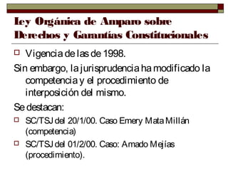 Ley Orgánica de Amparo sobre
Derechos y Garantías Constitucionales
 Vigenciadelasde1998.
Sin embargo, lajurisprudenciahamodificado la
competenciay el procedimiento de
interposición del mismo.
Sedestacan:
 SC/TSJdel 20/1/00. Caso Emery MataMillán
(competencia)
 SC/TSJdel 01/2/00. Caso: Amado Mejías
(procedimiento).
 