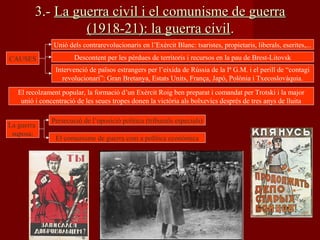 3.-3.- La guerra civil i el comunisme de guerraLa guerra civil i el comunisme de guerra
(1918-21): la guerra civil(1918-21): la guerra civil..
CAUSES
Unió dels contrarevolucionaris en l’Exèrcit Blanc: tsaristes, propietaris, liberals, eserites,...
Descontent per les pèrdues de territoris i recursos en la pau de Brest-Litovsk
Intervenció de països estrangers per l’eixida de Rússia de la Iª G.M. i el perill de “contagi
revolucionari”: Gran Bretanya, Estats Units, França, Japó, Polònia i Txecoslovàquia.
El recolzament popular, la formació d’un Exèrcit Roig ben preparat i comandat per Trotski i la major
unió i concentració de les seues tropes donen la victòria als bolxevics després de tres anys de lluita
La guerra
suposa:
Persecució de l’oposició política (tribunals especials)
El comunisme de guerra com a política econòmica
 