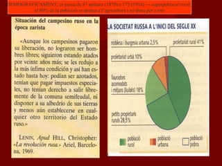 DEMOGRÀFICAMENT: es passa de 87 milions (1870) a 175 (1914) → superpoblació rural:
el 80% de la població es dedica a l’agricultura i no dona per a tots
 