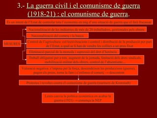 3.-3.- La guerra civil i el comunisme de guerraLa guerra civil i el comunisme de guerra
(1918-21) : el comunisme de guerra(1918-21) : el comunisme de guerra..
És un intent de l’Estat de controlar tota l’economia en mig d’una situació de guerra que el farà fracassar
MESURES
Nacionalització de les indústries de més de 20 treballadors, gestionades pels obrers
Nacionalització del comerç i la banca
Control de l’agricultura: col·lectivitzacions i control i distribució de la producció per part
de l’Estat, a qual se li han de vendre les collites a un preu fixat
Eliminació parcial de la moneda i supressió del dret d’herència
Treball obligatori per a tots, augment de la jornada, limitació dels drets sindicals,
mobilització militar dels obrers, control de l’absentisme,...
Valoració negativa: s’imposa per la força, descendeixen les produccions (guerra),
pugen els preus, torna la fam i s’enfonsa el comerç → descontent
Protestes i revoltes contra el comunisme de guerra (mariners de Kronstadt)
Lenin canvia la política econòmica en acabar la
guerra (1921) → comença la NEP
 