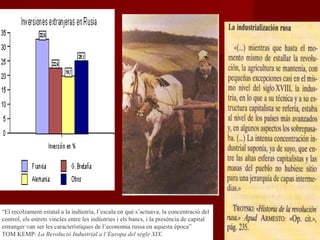 “El recolzament estatal a la indústria, l’escala en què s’actuava, la concentració del
control, els estrets vincles entre les indústries i els bancs, i la presència de capital
estranger van ser les característiques de l’economia russa en aquesta època”
TOM KEMP: La Revolució Industrial a l’Europa del segle XIX.
 