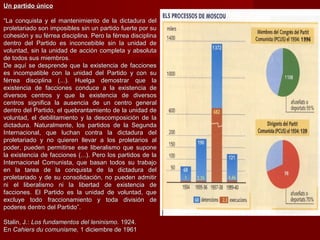 Un partido únicoUn partido único
““La conquista y el mantenimiento de la dictadura delLa conquista y el mantenimiento de la dictadura del
proletariado son imposibles sin un partido fuerte por suproletariado son imposibles sin un partido fuerte por su
cohesión y su férrea disciplina. Pero la férrea disciplinacohesión y su férrea disciplina. Pero la férrea disciplina
dentro del Partido es inconcebible sin la unidad dedentro del Partido es inconcebible sin la unidad de
voluntad, sin la unidad de acción completa y absolutavoluntad, sin la unidad de acción completa y absoluta
de todos sus miembros.de todos sus miembros.
De aquí se desprende que la existencia de faccionesDe aquí se desprende que la existencia de facciones
es incompatible con la unidad del Partido y con sues incompatible con la unidad del Partido y con su
férrea disciplina (...). Huelga demostrar que laférrea disciplina (...). Huelga demostrar que la
existencia de facciones conduce a la existencia deexistencia de facciones conduce a la existencia de
diversos centros y que la existencia de diversosdiversos centros y que la existencia de diversos
centros significa la ausencia de un centro generalcentros significa la ausencia de un centro general
dentro del Partido, el quebrantamiento de la unidad dedentro del Partido, el quebrantamiento de la unidad de
voluntad, el debilitamiento y la descomposición de lavoluntad, el debilitamiento y la descomposición de la
dictadura. Naturalmente, los partidos de la Segundadictadura. Naturalmente, los partidos de la Segunda
Internacional, que luchan contra la dictadura delInternacional, que luchan contra la dictadura del
proletariado y no quieren llevar a los proletarios alproletariado y no quieren llevar a los proletarios al
poder, pueden permitirse ese liberalismo que suponepoder, pueden permitirse ese liberalismo que supone
la existencia de facciones (...). Pero los partidos de lala existencia de facciones (...). Pero los partidos de la
Internacional Comunista, que basan todos su trabajoInternacional Comunista, que basan todos su trabajo
en la tarea de la conquista de la dictadura delen la tarea de la conquista de la dictadura del
proletariado y de su consolidación, no pueden admitirproletariado y de su consolidación, no pueden admitir
ni el liberalismo ni la libertad de existencia deni el liberalismo ni la libertad de existencia de
facciones. El Partido es la unidad de voluntad, quefacciones. El Partido es la unidad de voluntad, que
excluye todo fraccionamiento y toda división deexcluye todo fraccionamiento y toda división de
poderes dentro del Partido”.poderes dentro del Partido”.
Stalin, J.:Stalin, J.: Los fundamentos del leninismo.Los fundamentos del leninismo. 1924.1924.
EnEn Cahiers du comunisme,Cahiers du comunisme, 1 diciembre de 19611 diciembre de 1961
 