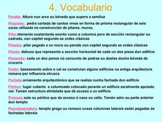 Peralte: Altura nun arco ou bóveda que supera a semiluz
Perpiaño: pedra cortada de cantos vivos en forma de prisma rectangular de seis
caras utilizada na construcción de pilares, muros.
Pilar:elemento sustentante exento como a columna pero de sección rectangular ou
cadrada, con capitel segundo as ordes clásicas
Pilastra: pilar pegado a un muro ou parede con capitel segundo as ordes clásicas
Planta: debuxo que representa a sección horizontal de cada un dos pisos dun edificio
Plemento: cada un dos panos no conxunto de pedras ou doelas dunha bóveda de
crucería
Podio: baseamento sobre o cal se construían algúns edificios na antiga arquitectura
romana por influencia etrusca
Portada:ornamento arquitectónico que se realiza nunha fachada dun edificio
Pórtico: lugar cuberto e columnado colocado perante un edificio xeralmente apoiado
nel. Tamén estructura alintelada que dá acceso a un edificio
Pronaos:sala ou pórtico que da acceso á naos ou cella. Tamén adro ou parte anterior
dun templo
Pseudoperíptero: templo grego ou romano cuxas columnas laterais están pegadas ás
fachadas laterais
4. Vocabulario
 