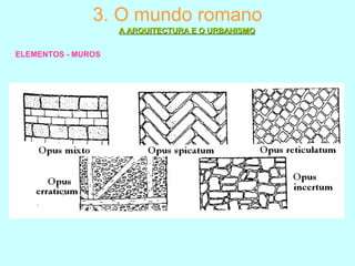 3. O mundo romano
A ARQUITECTURA E O URBANISMOA ARQUITECTURA E O URBANISMO
ELEMENTOS - MUROS
 