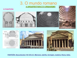 3. O mundo romano
A ARQUITECTURA E O URBANISMOA ARQUITECTURA E O URBANISMO
O PANTEÓN
PANTEÓN. Descoñecido.118-125 d.C. Mármore, ladrillo, formigón, madeira. Roma, Italia.
 