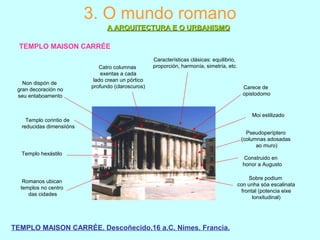 3. O mundo romano
A ARQUITECTURA E O URBANISMOA ARQUITECTURA E O URBANISMO
TEMPLO MAISON CARRÉE
TEMPLO MAISON CARRÉE. Descoñecido.16 a.C. Nimes. Francia.
Sobre podium
con unha sóa escalinata
frontal (potencia eixe
lonxitudinal)
Pseudoperíptero
(columnas adosadas
ao muro)
Templo corintio de
reducidas dimensiións
Templo hexástilo
Características clásicas: equilibrio,
proporción, harmonía, simetría, etc.
Moi estilizado
Catro columnas
exentas a cada
lado crean un pórtico
profundo (claroscuros) Carece de
opistodomo
Romanos ubican
templos no centro
das cidades
Non dispón de
gran decoración no
seu entaboamento
Construido en
honor a Augusto
 