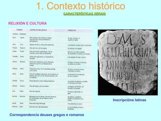 1. Contexto histórico
Inscripcións latinas
Correspondencia deuses gregos e romanos
RELIXIÓN E CULTURA
CARACTERÍSTICAS XERAISCARACTERÍSTICAS XERAIS
 