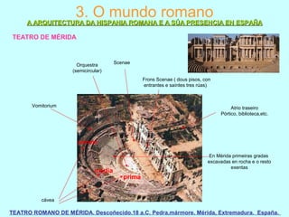 Scenae
Frons Scenae ( dous pisos, con
entrantes e saíntes tres rúas)
Orquestra
(semicircular)
cávea
Vomitorium
prima
media
summa
Atrio traseiro
Pórtico, biblioteca,etc.
En Mérida primeiras gradas
excavadas en rocha e o resto
exentas
3. O mundo romano
TEATRO DE MÉRIDA
TEATRO ROMANO DE MÉRIDA. Descoñecido.18 a.C. Pedra,mármore. Mérida, Extremadura. España.
A ARQUITECTURA DA HISPANIA ROMANA E A SÚA PRESENCIA EN ESPAÑAA ARQUITECTURA DA HISPANIA ROMANA E A SÚA PRESENCIA EN ESPAÑA
 