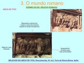 3. O mundo romano
EXEMPLOS DE RELEVO ROMANOEXEMPLOS DE RELEVO ROMANO
ARCO DE TITO
RELEVOS DO ARCO DE TITO. Descoñecido. 81 d.C. Foro de Roma.Roma. Italia.
Superposición
de planos para
crear profundidade
Cápta se o aire
interposto
Representa a derrota dos
xudeos a mans dos romanos
(expolio do templo de Salomón)
 