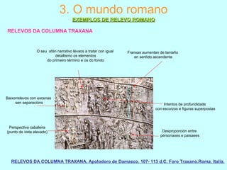 RELEVOS DA COLUMNA TRAXANA
RELEVOS DA COLUMNA TRAXANA. Apolodoro de Damasco. 107- 113 d.C. Foro Traxano.Roma. Italia.
3. O mundo romano
EXEMPLOS DE RELEVO ROMANOEXEMPLOS DE RELEVO ROMANO
Baixorrelevos con escenas
sen separacións
O seu afán narrativo lévaos a tratar con igual
detallismo os elementos
do primeiro término e os do fondo
Perspectiva cabaleira
(punto de vista elevado) Desproporción entre
personaxes e paisaees
Intentos de profundidade
con escorzos e figuras superpostas
Franxas aumentan de tamaño
en sentido ascendente
 