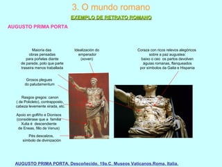 AUGUSTO PRIMA PORTA
AUGUSTO PRIMA PORTA. Descoñecido. 19a.C. Museos Vaticanos.Roma. Italia.
3. O mundo romano
EXEMPLO DE RETRATO ROMANOEXEMPLO DE RETRATO ROMANO
Idealización do
emperador
(xoven)
Rasgos gregos: canon
( de Policleto), contrapposto,
cabeza levemente xirada, etc.
Apoio en golfiño e Dionisos
(considérase que a familia
Xulia é descendiente
de Eneas, fillo de Venus)
Grosos plegues
do paludamentum
Coraza con ricos relevos alegóricos
sobre a paz augustea:
baixo o ceo os partos devolven
águias romanas, flanqueados
por símbolos da Galia e Hispania
Maioría das
obras pensadas
para poñelas diante
de parede, polo que parte
traseira menos traballada
Pés descalzos,
símbolo de divinización
 