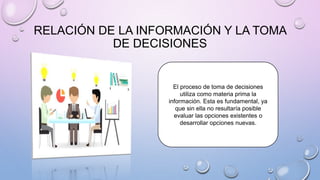 RELACIÓN DE LA INFORMACIÓN Y LA TOMA
DE DECISIONES
El proceso de toma de decisiones
utiliza como materia prima la
información. Esta es fundamental, ya
que sin ella no resultaría posible
evaluar las opciones existentes o
desarrollar opciones nuevas.
 