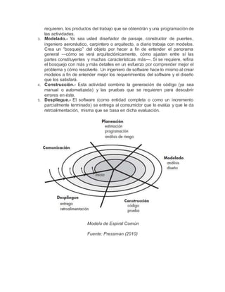requieren, los productos del trabajo que se obtendrán y una programación de
las actividades.
3. Modelado.- Ya sea usted diseñador de paisaje, constructor de puentes,
ingeniero aeronáutico, carpintero o arquitecto, a diario trabaja con modelos.
Crea un “bosquejo” del objeto por hacer a fin de entender el panorama
general —cómo se verá arquitectónicamente, cómo ajustan entre sí las
partes constituyentes y muchas características más—. Si se requiere, refina
el bosquejo con más y más detalles en un esfuerzo por comprender mejor el
problema y cómo resolverlo. Un ingeniero de software hace lo mismo al crear
modelos a fin de entender mejor los requerimientos del software y el diseño
que los satisfará.
4. Construcción.- Esta actividad combina la generación de código (ya sea
manual o automatizada) y las pruebas que se requieren para descubrir
errores en éste.
5. Despliegue.- El software (como entidad completa o como un incremento
parcialmente terminado) se entrega al consumidor que lo evalúa y que le da
retroalimentación, misma que se basa en dicha evaluación.
Modelo de Espiral Común
Fuente: Pressman (2010)
 