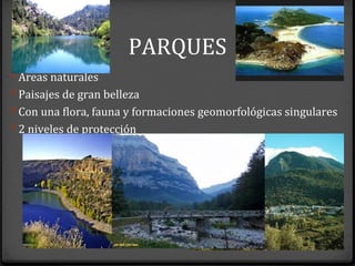 PARQUES
0 Áreas naturales
0 Paisajes de gran belleza
0 Con una flora, fauna y formaciones geomorfológicas singulares
0 2 niveles de protección
0 Parque Nacional
Su gestión: Estado y la CCAA
Espacios poco transformados
0 Parque Natural
Su gestión: CCAA
Nivel de protección inferior
 