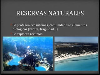 RESERVAS NATURALES
0 Se protegen ecosistemas, comunidades o elementos
biológicos (rareza, fragilidad…)
0 Se explotan recursos
 