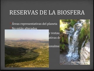 RESERVAS DE LA BIOSFERA
0 Áreas representativas del planeta
0 No están alterados
0 Requieres ser preservados y restaurados
0 Habitan especies representativas de la biodiversidad
nacional
0 Están reconocidas internacionalmente
0 Sierra Morena
 