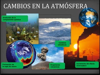 Evolución de la
composición química
Cambios
climáticos
Formación de
la capa de ozono
Erupciones
volcánicas
Incremento del efecto
invernadero
CAMBIOS EN LA ATMÓSFERA
 