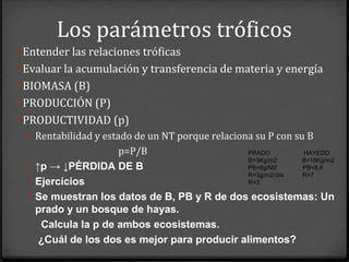 Los parámetros tróficos
0 Entender las relaciones tróficas
0 Evaluar la acumulación y transferencia de materia y energía
0 BIOMASA (B)
0 PRODUCCIÓN (P)
0 PRODUCTIVIDAD (p)
0 Rentabilidad y estado de un NT porque relaciona su P con su B
p=P/B
0 ↑p → ↓PÉRDIDA DE B
0 Ejercicios
0 Se muestran los datos de B, PB y R de dos ecosistemas: Un
prado y un bosque de hayas.
Calcula la p de ambos ecosistemas.
¿Cuál de los dos es mejor para producir alimentos?
PRADO HAYEDO
B=3Kg/m2 B=18Kg/m2
PB=6g/M2 PB=8,8
R=3g/m2/día R=7
R=3
 