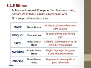 3.1.5	
  Ritme:	
  
•  Es	
  basa	
  en	
  la	
  repe9ció	
  regular	
  d’un	
  fenomen:	
  rima,	
  
nombre	
  de	
  síl·∙labes,	
  pauses	
  i	
  accents	
  del	
  vers.	
  
•  El	
  ritme	
  pot	
  diferenciar-­‐se	
  en:	
  
 