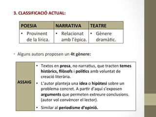 3.	
  CLASSIFICACIÓ	
  ACTUAL:	
  
•  Alguns	
  autors	
  proposen	
  un	
  4t	
  gènere:	
  
POESIA	
   NARRATIVA	
   TEATRE	
  
•  Provinent	
  
de	
  la	
  lírica.	
  
•  Relacionat	
  
amb	
  l’èpica.	
  
•  Gènere	
  
dramà8c.	
  
	
  
	
  
	
  
ASSAIG	
  
•  Textos	
  en	
  prosa,	
  no	
  narra8us,	
  que	
  tracten	
  temes	
  
històrics,	
  ﬁlòsofs	
  i	
  polí9cs	
  amb	
  voluntat	
  de	
  
creació	
  literària.	
  	
  
•  L’autor	
  planteja	
  una	
  idea	
  o	
  hipòtesi	
  sobre	
  un	
  
problema	
  concret.	
  A	
  par8r	
  d’aquí	
  s’exposen	
  
arguments	
  que	
  permeten	
  extreure	
  conclusions.	
  
(autor	
  vol	
  convèncer	
  el	
  lector).	
  
	
  
	
  
•  Similar	
  al	
  periodisme	
  d’opinió.	
  
 