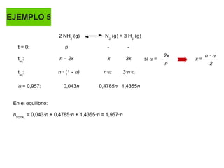 EJEMPLO 5
2 NH3
(g) N2
(g) + 3 H2
(g)
t = 0: n - -
teq
: n – 2x x 3x
teq
: n · (1 - a) n·a 3·n·a
a = 0,957: 0,043n 0,4785n 1,4355n
si a = x =
2x
n
n · a
2
En el equilibrio:
nTOTAL
= 0,043·n + 0,4785·n + 1,4355·n = 1,957·n
 