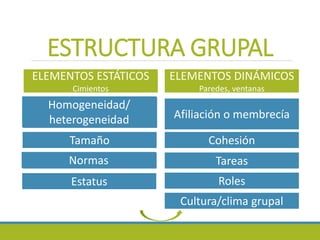 ESTRUCTURA GRUPAL
ELEMENTOS ESTÁTICOS
Cimientos
ELEMENTOS DINÁMICOS
Paredes, ventanas
Homogeneidad/
heterogeneidad
Tamaño
Normas
Estatus
Afiliación o membrecía
Cohesión
Roles
Tareas
Cultura/clima grupal
Homogeneidad/
heterogeneidad
Normas
 