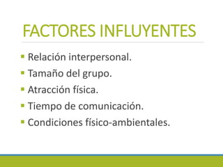 FACTORES INFLUYENTES
 Relación interpersonal.
 Tamaño del grupo.
 Atracción física.
 Tiempo de comunicación.
 Condiciones físico-ambientales.
 
