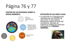 Página 76 y 77
EFECTOS DE LAS PERSONAS SOBRE EL
MEDIO AMBIENTE
AIRE
• Gases de
automóviles,
fábricas, calefacción
etc.
AGUA
• Detergentes para la
lavadora, productos
de limpieza, abonos
en el campo, vertidos
químicos al río
SUELO • Acumulación de
basuras.
EXTINCIÓN DE LOS SERES VIVOS
• La extinción es la desaparición
completa de una ESPECIE de
eres vivos. Si una especie
desaparece afecta al resto del
ecosistema. Ejemplo de
especie en peligro de extinción
en España es el ÁGUILA
IMPERIAL.
DESER
TIFICA
CIÓN
DEFO
RESTA
CIÓN