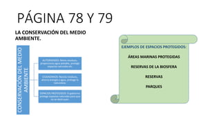 PÁGINA 78 Y 79
LA CONSERVACIÓN DEL MEDIO
AMBIENTE.
EJEMPLOS DE ESPACIOS PROTEGIDOS:
ÁREAS MARINAS PROTEGIDAS
RESERVAS DE LA BIOSFERA
RESERVAS
PARQUES
CONSERVACIÓNDELMEDIO
AMBIENTE
AUTORIDADES: Retira residuos,
proporciona agua potable, protege
espacios naturales etc
CIUDADANOS: Recicla residuos,
ahorra energía y agua, protege la
naturaleza.
ESPACIOS PROTEGIDOS: El gobierno
protege espacios naturales para que
no se destruyan.