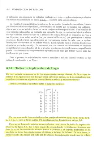 6.3. MINIMIZACIÓN DE ESTADéJS 9
si aplicamos una secuencia de entradas cualquiera XIX2X3 ... a dos estados equivalentes
obtenemos una secuencia de salida YIY2Y3 ... idéntica para ambos estados.
La relación de compatibilidad se define de forma similar (estados 1-compatibles, 2-com-
patibles) con el mismo significado, pero teniendo en cuenta que los estados con indiferen-
cias se van a poder incluir a la vez en varios conjuntos de compatibilidad. Una relación de
equivalencia realiza sobre un conjunto una partición de éste en conjuntos disjuntos (clases
de equivalencia), mientras que en la relación de compatibilidad los conjuntos no van a
ser disjuntos, pues habrá estados (los que tienen indiferencias) que pertenezcan á varios
conjuntos. En el primer caso elegiremos un representante dentro de cada clase de equiva-
lencia y nos olvidaremos de los demás estados. En el segundo caso el proceso de selección
de estados será más complejo. En este curso nos centraremos exclusivamente en sistemas
completamente especificados, al fin y al cabo, un sistema incompletamente especificado
puede transformarse en completamente especificado sin más que definir valores para las
indiferencias que posea.
Para el proceso de minimización vamos a estudiar el método llamado método de las
tablas de implicación o de UngeT'.
6.3.1 Tablas de implicación o de Unger
En este método trataremos de ir buscando estados no_equivalentes, de forma que los
estados 1-no_equivalentes son los que tienen diferentes salidas, los 2-no_equivalentes son
aquellos cuyos estados siguientes tienen diferentes salidas y así sucesivamente.
Vamos a desarrollar el método sobre el siguiente ejemplo:
sn+1
y
snx
O
1
O
1
ql
q2
q3
O
O
q2
q7
q2
O
O
q3
q4
ql
O
O
q4
q7
q2
O
O
q5
q2
q5
O
O
q6
ql
q4
O
1
q7
ql
q6
O
O
En este caso serán 1-no_equivalentes las parejas de estados q6-ql, q6-q2, q6-q3, q6-q4,
q6-q5 Y q6-q7, pues q6 tiene salidas 0/1 mientras que los demás tienen salidas O/O.
Para seguir buscando estados no_equivalentes construimos la tabla de implicación.
Observar la figura 6.5. En el lado izquierdo, descendiendo verticalmente, tenemos una
lista de todos los estados del sistema menos el primero y, en sentido horizontal, se da
una lista de todos los estados menos el último, a lo largo de la base. De esta forma, la
tabla contiene una casilla por cada par de estados. En cada casilla pondremos en el lado
 