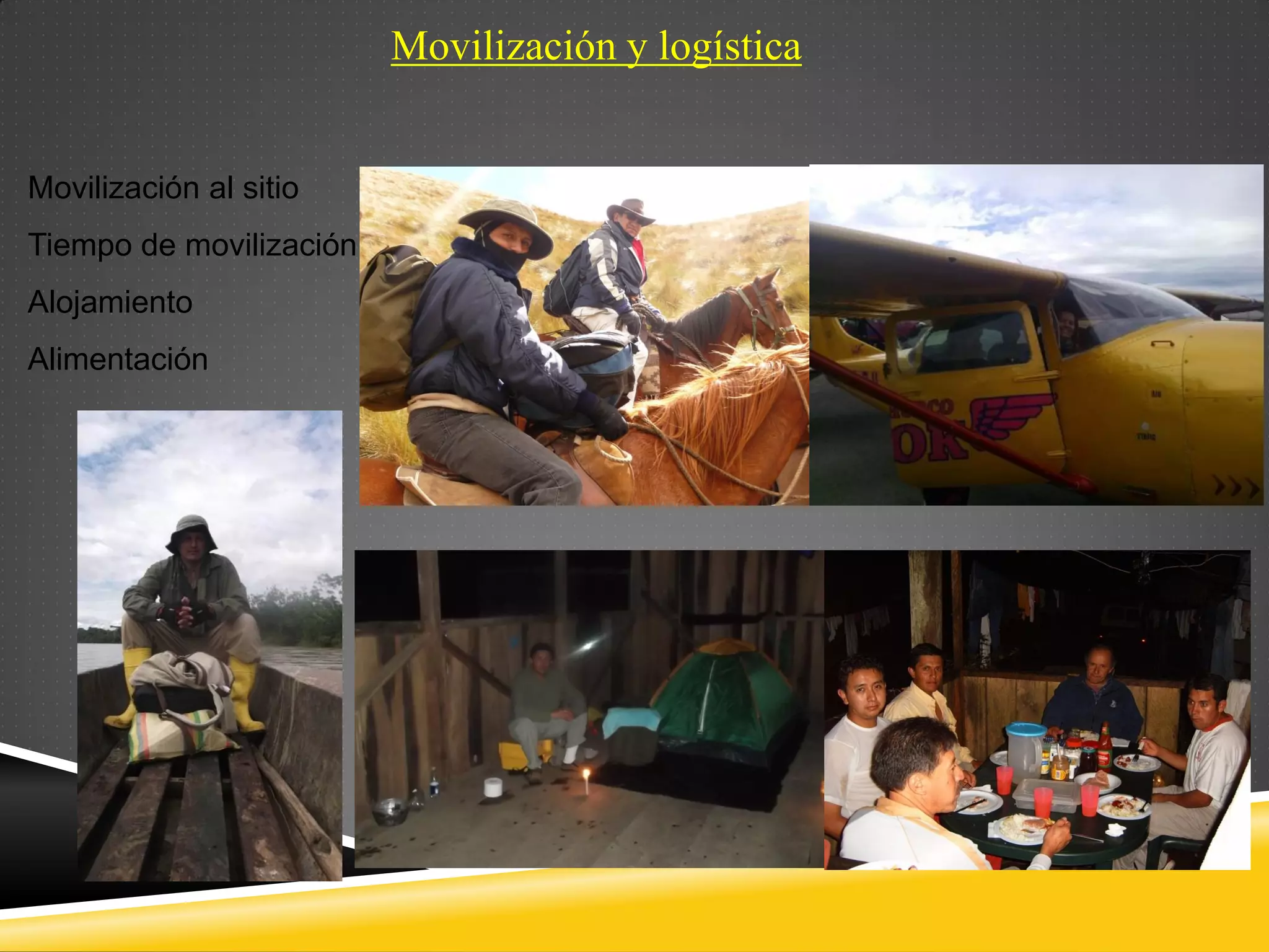 Movilización y logística
Movilización al sitio
Tiempo de movilización
Alojamiento
Alimentación
 