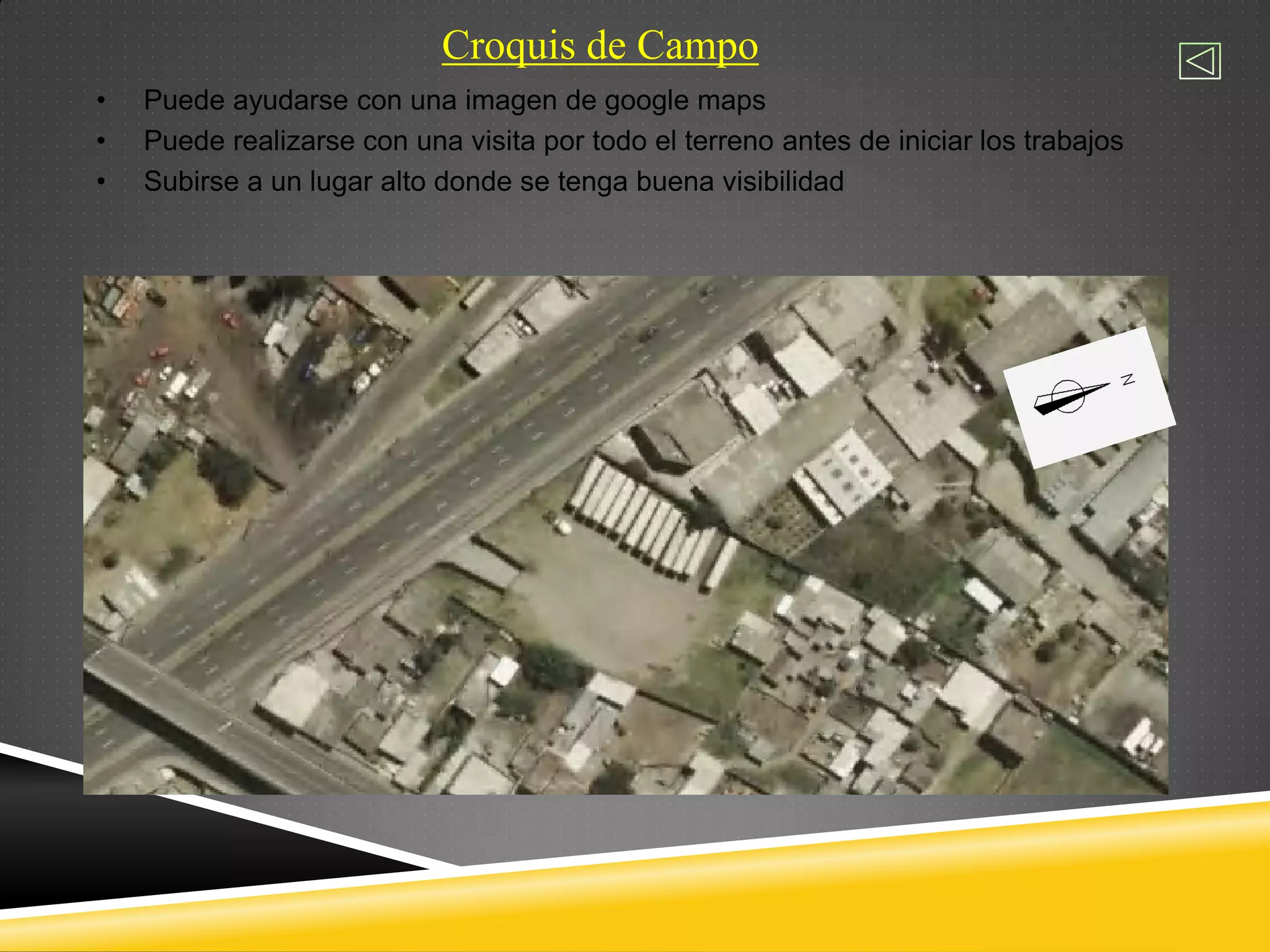 Croquis de Campo
• Puede ayudarse con una imagen de google maps
• Puede realizarse con una visita por todo el terreno antes de iniciar los trabajos
• Subirse a un lugar alto donde se tenga buena visibilidad
 