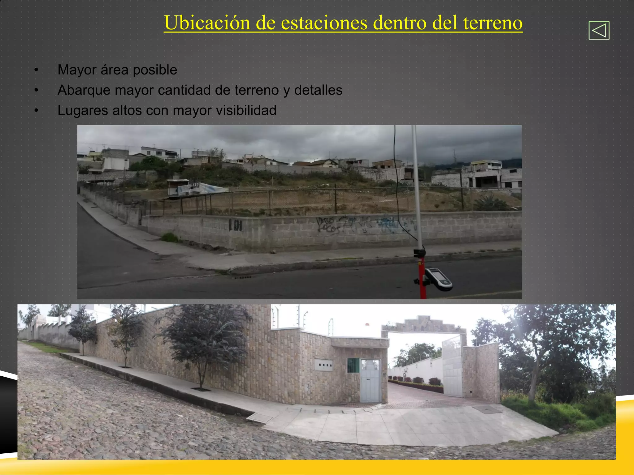 Ubicación de estaciones dentro del terreno
• Mayor área posible
• Abarque mayor cantidad de terreno y detalles
• Lugares altos con mayor visibilidad
 