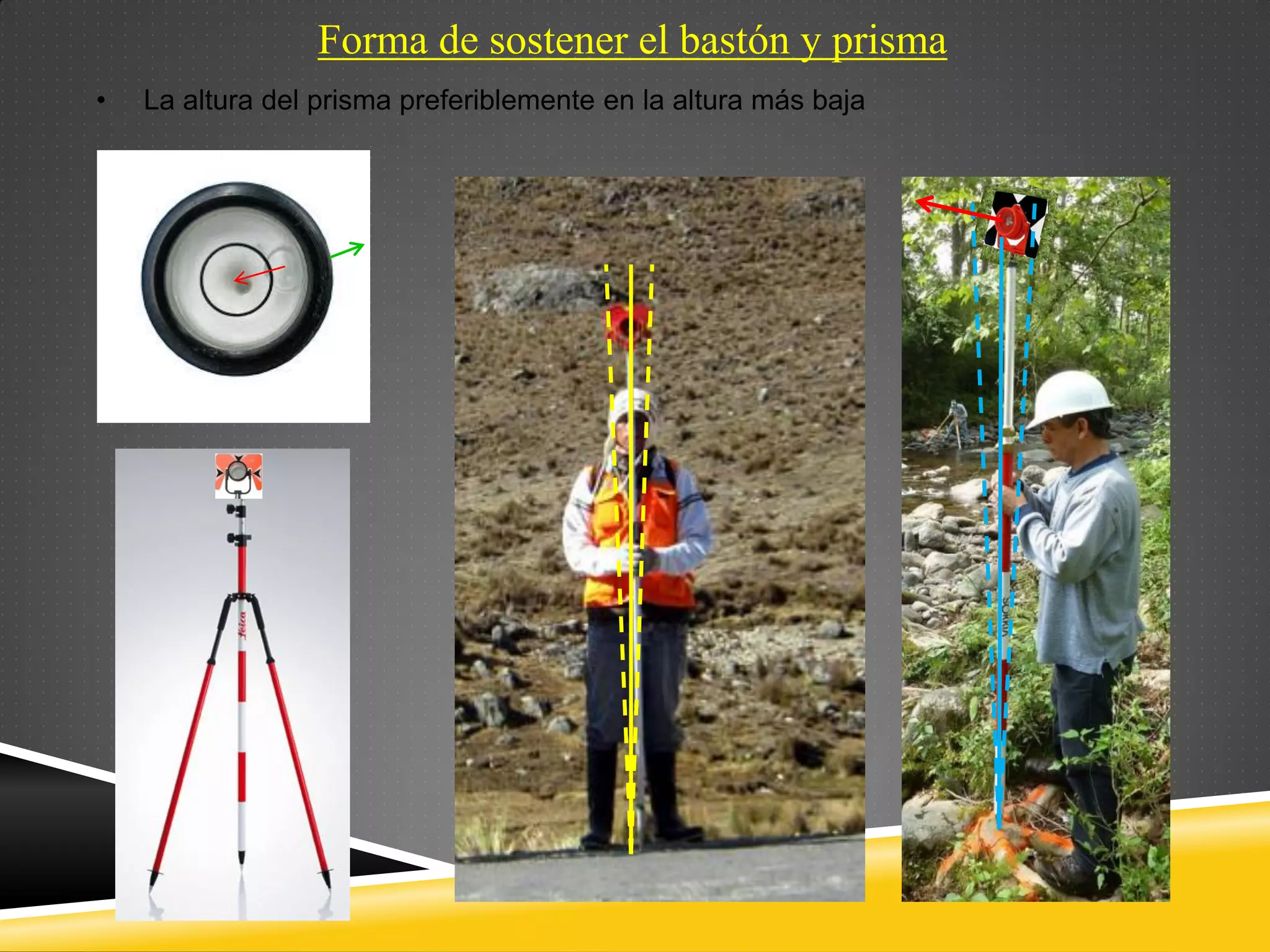 Forma de sostener el bastón y prisma
• La altura del prisma preferiblemente en la altura más baja
 