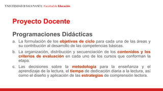 Proyecto Docente
Programaciones Didácticas
a. La formulación de los objetivos de ciclo para cada una de las áreas y
su contribución al desarrollo de las competencias básicas.
b. La organización, distribución y secuenciación de los contenidos y los
criterios de evaluación en cada uno de los cursos que conforman la
etapa.
c. Las decisiones sobre la metodología para la enseñanza y el
aprendizaje de la lectura, el tiempo de dedicación diaria a la lectura, así
como el diseño y aplicación de las estrategias de comprensión lectora.
 