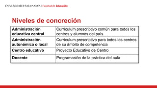 Niveles de concreción
Administración
educativa central
Currículum prescriptivo común para todos los
centros y alumnos del país.
Administración
autonómica o local
Currículum prescriptivo para todos los centros
de su ámbito de competencia
Centro educativo Proyecto Educativo de Centro
Docente Programación de la práctica del aula
 