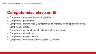 Competencias clave en EI
– Competencia en comunicación lingüística.
– Competencia plurilingüe.
– Competencia matemática y competencia en ciencia, tecnología e ingeniería.
– Competencia digital.
– Competencia personal, social y de aprender a aprender.
– Competencia ciudadana.
– Competencia emprendedora.
– Competencia en conciencia y expresión culturales.
 