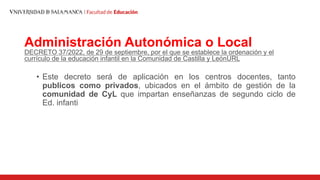Administración Autonómica o Local
DECRETO 37/2022, de 29 de septiembre, por el que se establece la ordenación y el
currículo de la educación infantil en la Comunidad de Castilla y LeónURL
• Este decreto será de aplicación en los centros docentes, tanto
publicos como privados, ubicados en el ámbito de gestión de la
comunidad de CyL que impartan enseñanzas de segundo ciclo de
Ed. infanti
 