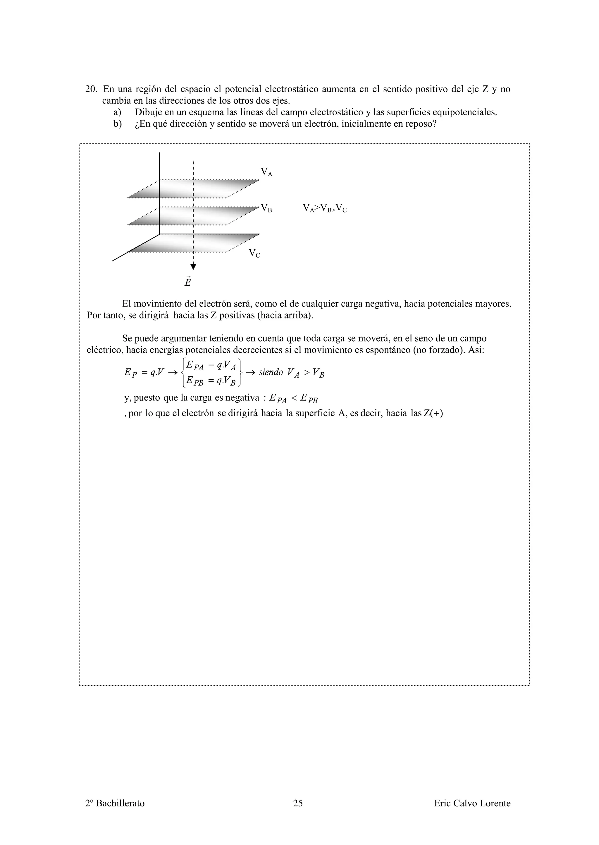 20. En una región del espacio el potencial electrostático aumenta en el sentido positivo del eje Z y no
    cambia en las direcciones de los otros dos ejes.
      a) Dibuje en un esquema las líneas del campo electrostático y las superficies equipotenciales.
      b) ¿En qué dirección y sentido se moverá un electrón, inicialmente en reposo?



                                              VA


                                              VB        VA>VB>VC



                                         VC




         El movimiento del electrón será, como el de cualquier carga negativa, hacia potenciales mayores.
Por tanto, se dirigirá hacia las Z positivas (hacia arriba).

         Se puede argumentar teniendo en cuenta que toda carga se moverá, en el seno de un campo
eléctrico, hacia energías potenciales decrecientes si el movimiento es espontáneo (no forzado). Así:
                                   .
                  .
                                   .
         y, puesto que la carga es negativa :
         , por lo que el electrón se dirigirá hacia la superficie A, es decir, hacia las Z( )




2º Bachillerato                                      25                                   Eric Calvo Lorente
 