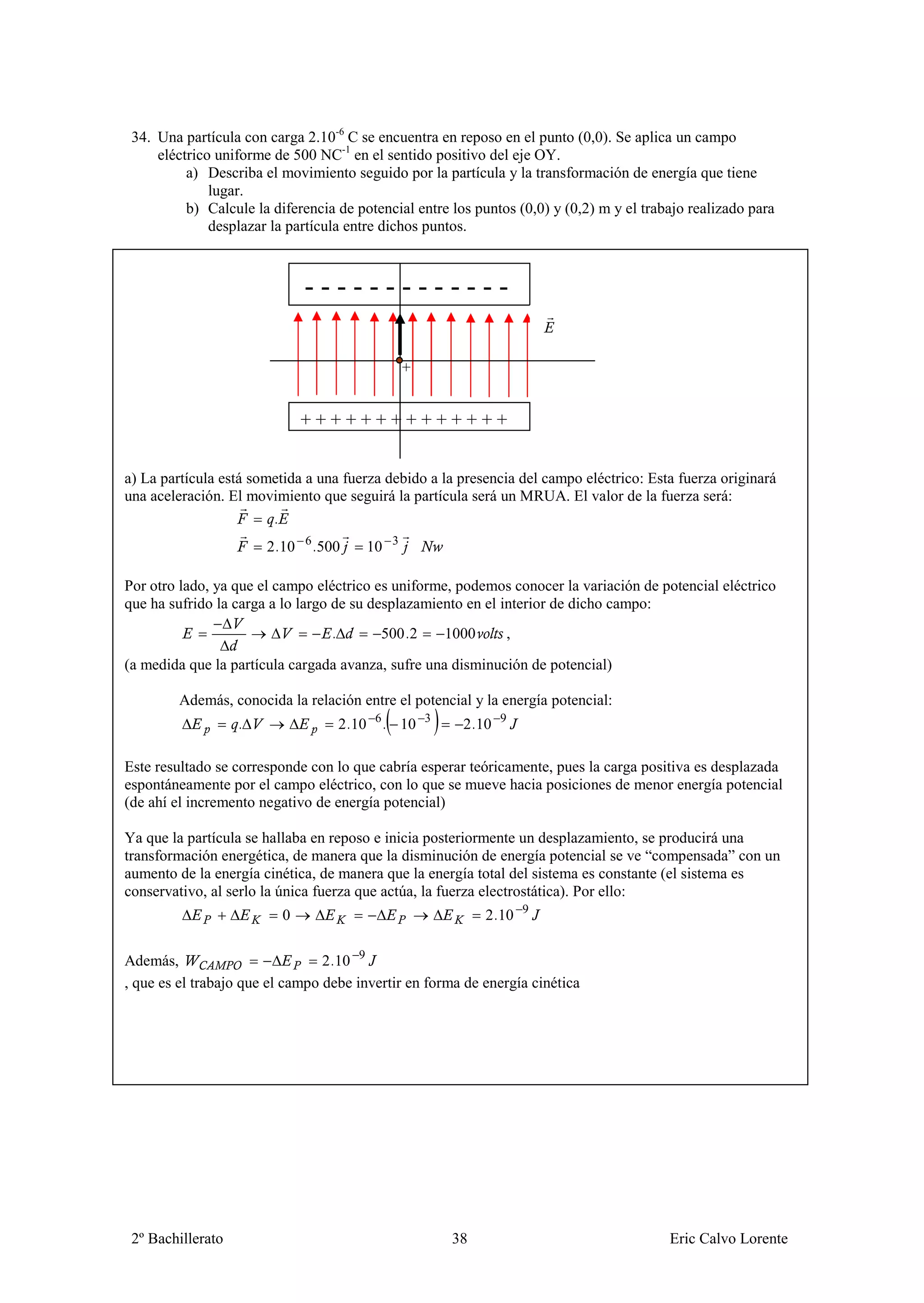 34. Una partícula con carga 2.10-6 C se encuentra en reposo en el punto (0,0). Se aplica un campo
     eléctrico uniforme de 500 NC-1 en el sentido positivo del eje OY.
          a) Describa el movimiento seguido por la partícula y la transformación de energía que tiene
              lugar.
          b) Calcule la diferencia de potencial entre los puntos (0,0) y (0,2) m y el trabajo realizado para
              desplazar la partícula entre dichos puntos.



                              -------------
                              -
                                                         +


                              ++++++++++++++
                              + + + ++
a) La partícula está sometida a una fuerza debido a la presencia del campo eléctrico: Esta fuerza originará
una aceleración. El movimiento que seguirá la partícula será un MRUA. El valor de la fuerza será:
                        .
                       2.10   6
                                  .500         10    3


Por otro lado, ya que el campo eléctrico es uniforme, podemos conocer la variación de potencial eléctrico
que ha sufrido la carga a lo largo de su desplazamiento en el interior de dicho campo:
                                    .           500 .2           1000         ,

(a medida que la partícula cargada avanza, sufre una disminución de potencial)

         Además, conocida la relación entre el potencial y la energía potencial:
                   .                    2.10    6
                                                    . 10     3
                                                                   2.10   9


Este resultado se corresponde con lo que cabría esperar teóricamente, pues la carga positiva es desplazada
espontáneamente por el campo eléctrico, con lo que se mueve hacia posiciones de menor energía potencial
(de ahí el incremento negativo de energía potencial)

Ya que la partícula se hallaba en reposo e inicia posteriormente un desplazamiento, se producirá una
transformación energética, de manera que la disminución de energía potencial se ve “compensada” con un
aumento de la energía cinética, de manera que la energía total del sistema es constante (el sistema es
conservativo, al serlo la única fuerza que actúa, la fuerza electrostática). Por ello:
                          0                                             2.10 9

Además,                          2.10 9
, que es el trabajo que el campo debe invertir en forma de energía cinética




 2º Bachillerato                                                 38                       Eric Calvo Lorente
 