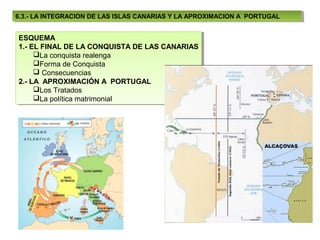 6.3.- LA INTEGRACION DE LAS ISLAS CANARIAS Y LA APROXIMACION A PORTUGAL
 6.3.- LA INTEGRACION DE LAS ISLAS CANARIAS Y LA APROXIMACION A PORTUGAL


ESQUEMA
 ESQUEMA
1.- EL FINAL DE LA CONQUISTA DE LAS CANARIAS
 1.- EL FINAL DE LA CONQUISTA DE LAS CANARIAS
     La conquista realenga
      La conquista realenga
     Forma de Conquista
      Forma de Conquista
      Consecuencias
       Consecuencias
2.- LA APROXIMACIÓN A PORTUGAL
 2.- LA APROXIMACIÓN A PORTUGAL
     Los Tratados
      Los Tratados
     La política matrimonial
      La política matrimonial
 