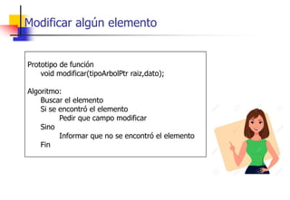 Modificar algún elemento
Prototipo de función
void modificar(tipoArbolPtr raiz,dato);
Algoritmo:
Buscar el elemento
Si se encontró el elemento
Pedir que campo modificar
Sino
Informar que no se encontró el elemento
Fin
 
