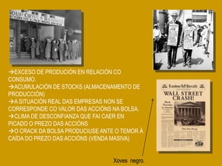 EXCESO DE PRODUCIÓN EN RELACIÓN CO
CONSUMO.
ACUMULACIÓN DE STOCKS (ALMACENAMENTO DE
PRODUCCIÓN)
A SITUACIÓN REAL DAS EMPRESAS NON SE
CORRESPONDE CO VALOR DAS ACCIÓNS NA BOLSA.
CLIMA DE DESCONFIANZA QUE FAI CAER EN
PICADO O PREZO DAS ACCIÓNS
O CRACK DA BOLSA PRODUCIUSE ANTE O TEMOR Á
CAÍDA DO PREZO DAS ACCIÓNS (VENDA MASIVA)
Xoves negro.
 